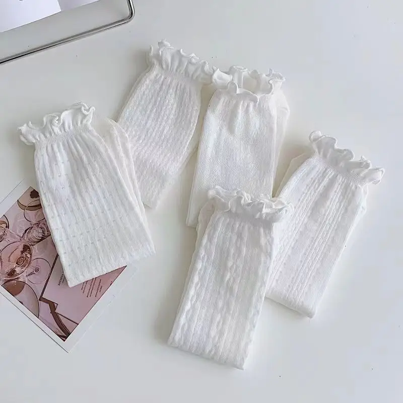 JK Harajuku Lolita Women's Short White Socks White Fungus Edge Mesh Thin Japanese Sweet Girl Middle Tube