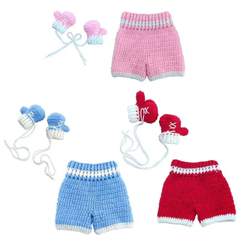 

0-3month Baby Crochet Boxing Suit Photography Props Newborn Photo Cool Boy Costumes Infant Pants Clothing Set