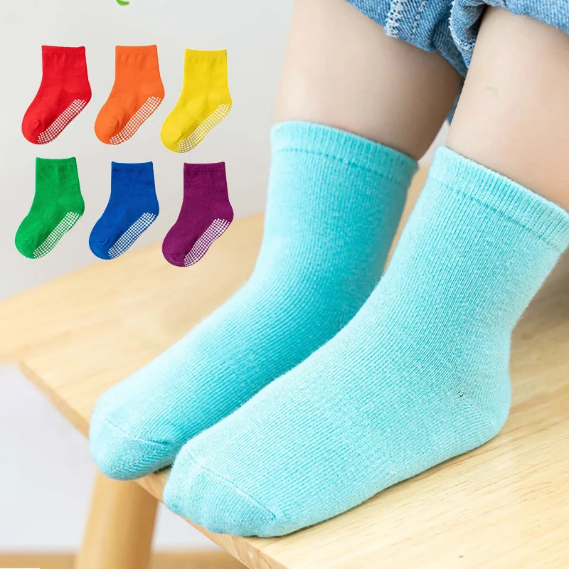 

6 Pairs Set Baby Boy Girl Solid Color Non-Slip Cotton Socks Children Soft Breathable Floor Socks