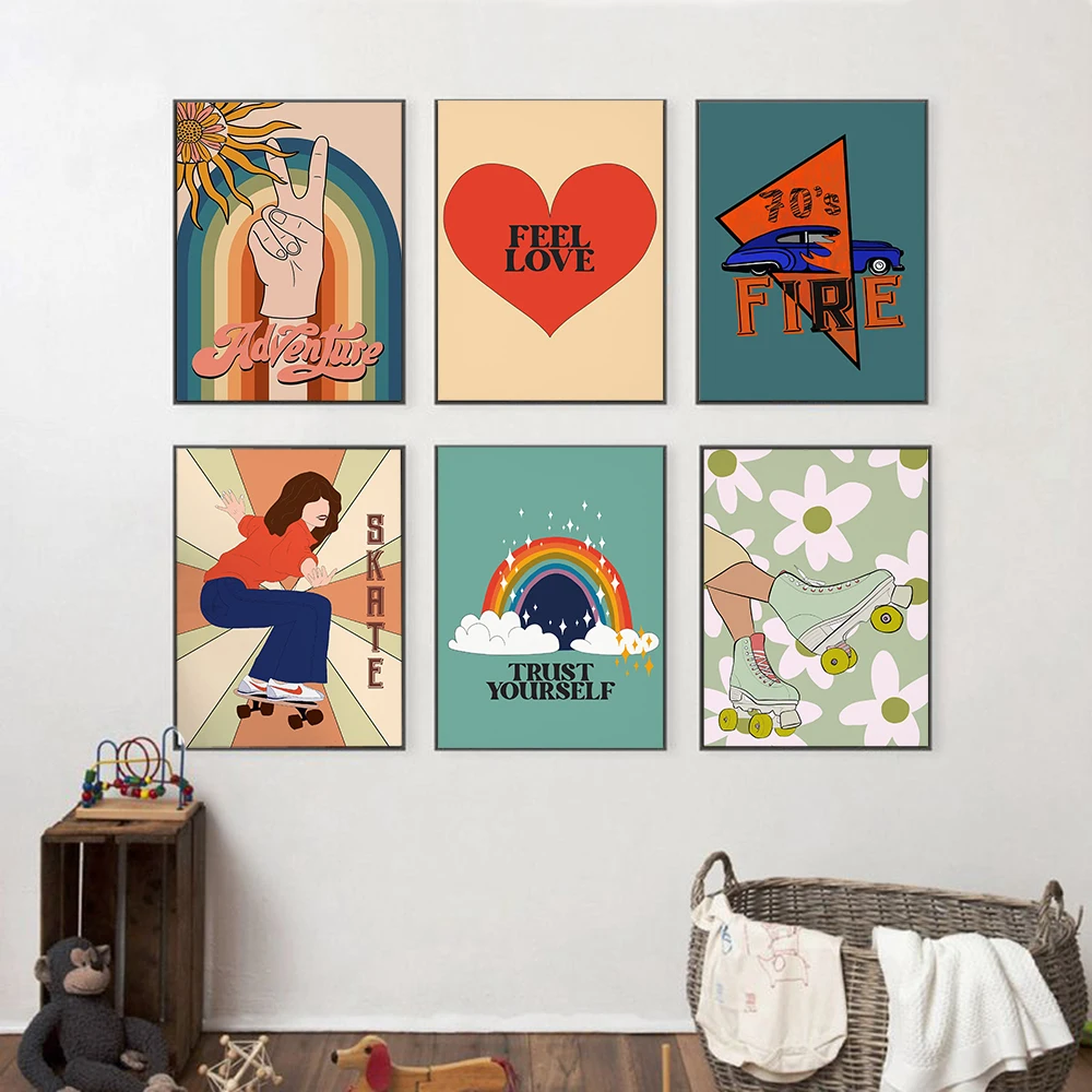 

Retro 70s Home Decor Prints Rainbow Skateboarder Girl Poster Floral Hippie Car Canvas Painting Boho Wall Art Pictures Room Decor
