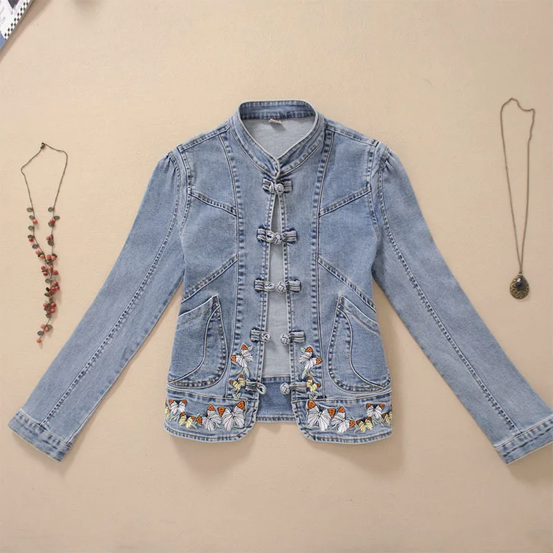 

Vintage Blue Embroidery Elasticity Slim Short Denim Jacket Coat Women Cowboy Outwear Stand Collar Big Pocket Jeans Jacket Female