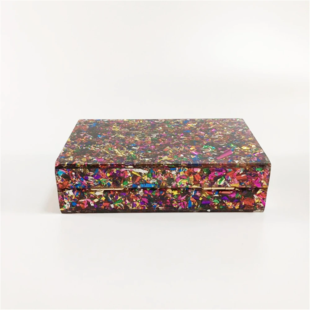 Chic Trendy Colorful Sequins Acrylic Evening Bag Ladies Luxury Elegant Hard Box Prom Party Clutch Stylish BlingBling Chain Purse