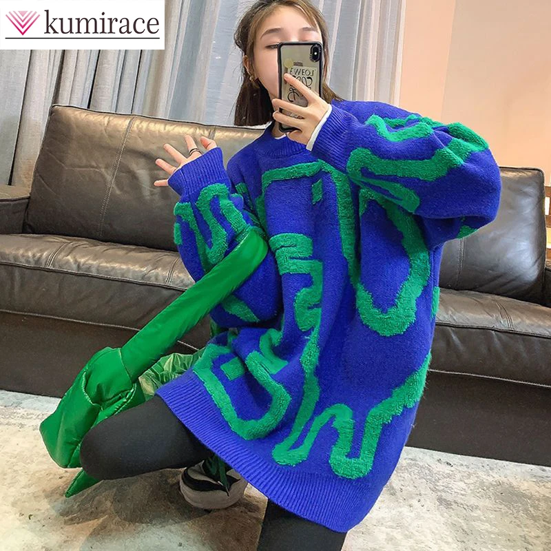 

Klein Blue Sweater Women's Loose Thickened Pullover Knitwear Coat Round Neck Versatile Outwear Dinosaur Western Women's Top