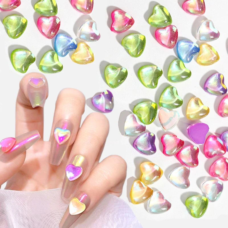 

50pcs Heart Nail Charms Mocha Fluorescent Heart Nail Gems Glitter Hearts Nail Rhinestones Charm Resin Nail Art Accessories