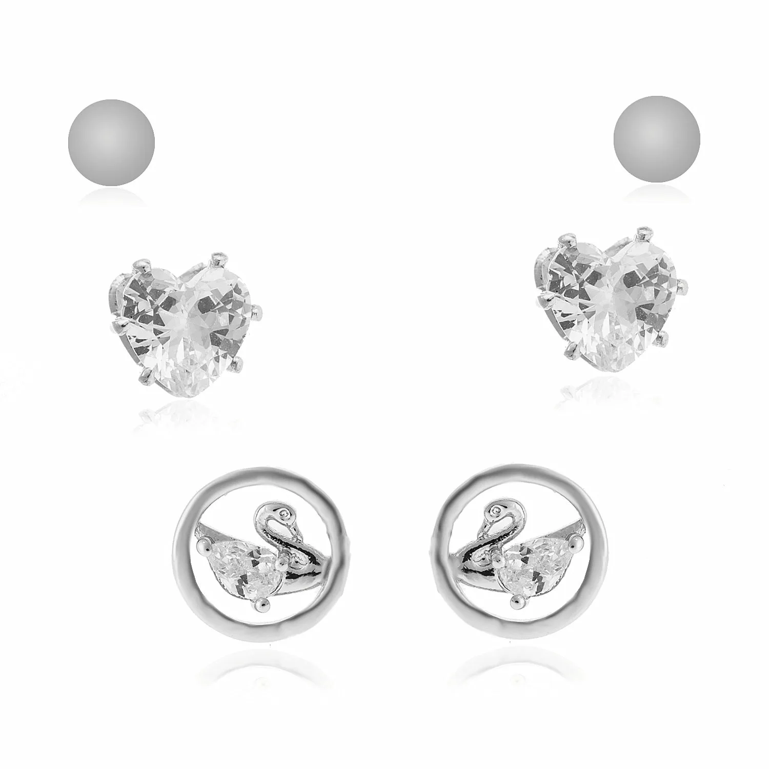 

3 Pairs Swan Heart Stud Earrings Set Women's Jewelry Diamond Earnail Combination Cubic Zirconia S925 Silver Gold Korean Earrings