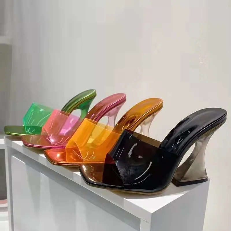 

Новинка 2022, прозрачные тапочки, женские туфли на высоком каблуке, привлекательные туфли с квадратным носком, модная зеленая обувь из ПВХ, Ра...