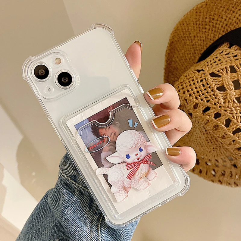 

For iPhone 13 11 12 Pro Max 7 8Plus Cute Sheep Clear Wallet Cover For iPhone X XR XSMax Animal Shockproof Card Holder Phone Case