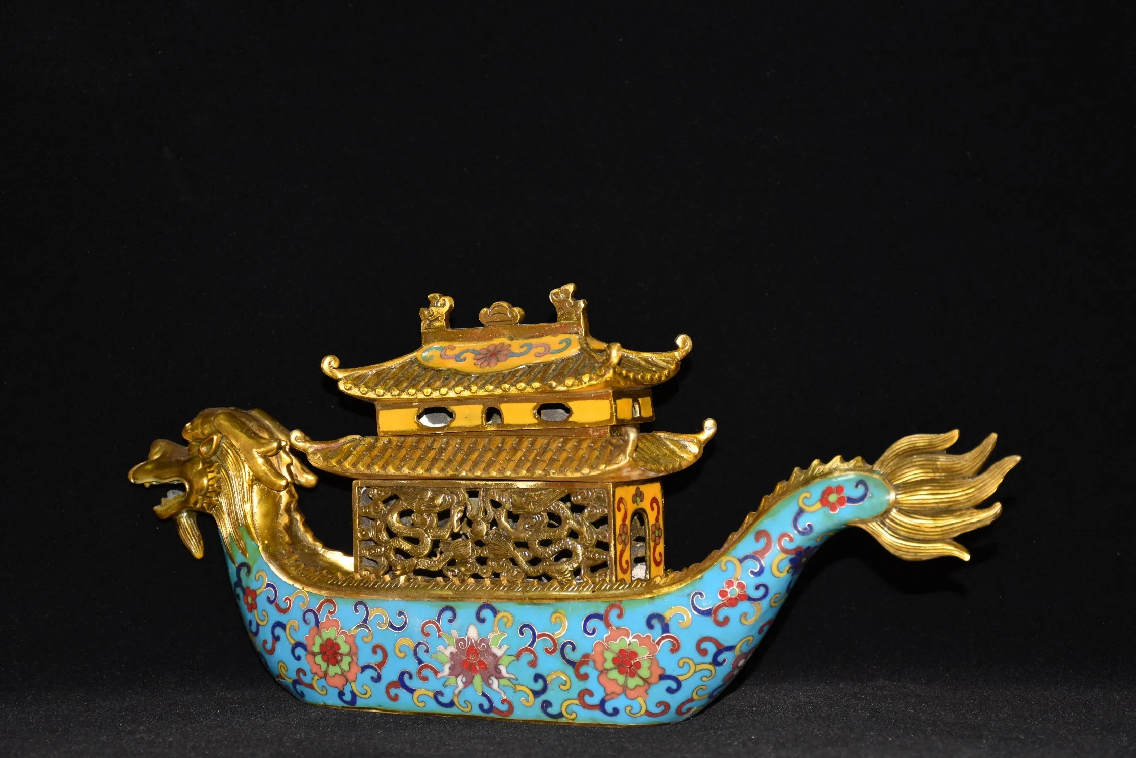 

18"Tibet Temple Collection Old Bronze Cloisonne Enamel Flower texture Dragon-Boat incense burner Office Ornaments Town house