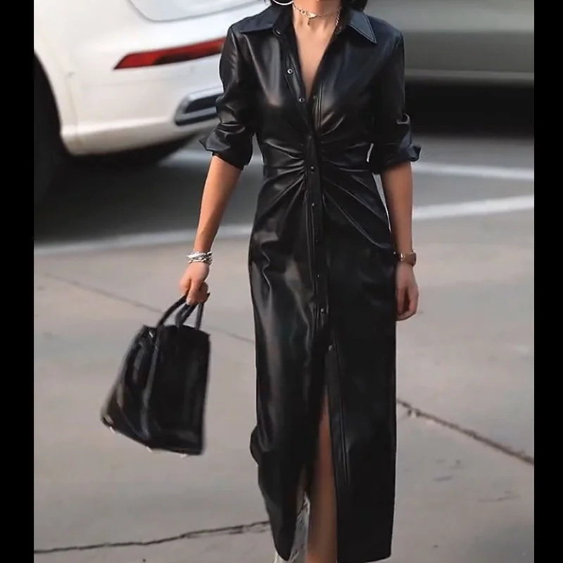 

Genuine leather jacket 2023 spring new style temperament commuting style pleated waist sheepskin long shirt windbreaker jacket