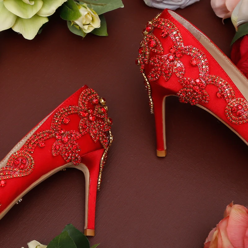 Свадебные туфли с красным кристаллом туфли-лодочки для невесты острым носком на