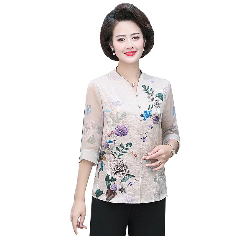 

Middle-aged Mother Shirts Spring Summer Chiffon Silk Women Blouse V-neck Blusa Feminina Cardigan Tops Feminina Plus Size
