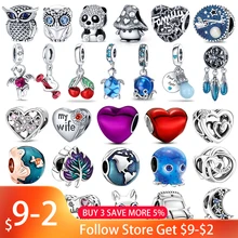 Hot Sale Charms Fit Pandora 925 Original Bracelet 925 Silver Owl With Blue Zircon Red Heart Charms Beads Fine DIY Jewelry Making