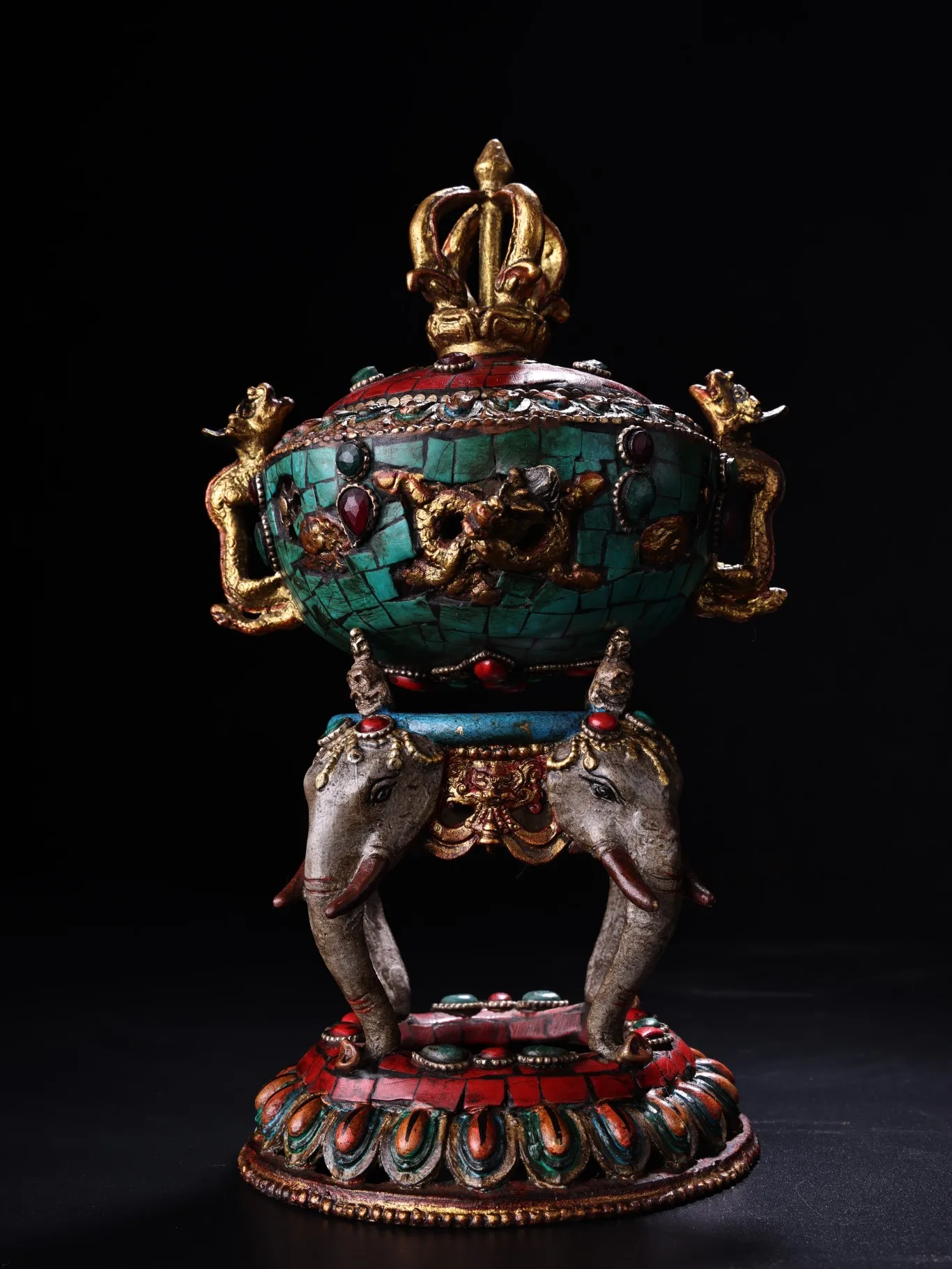 

9"Tibetan Temple Collection Old Bronze Mosaic Gem Outline in gold Dragon binaural Elephant head foot incense burner Town house