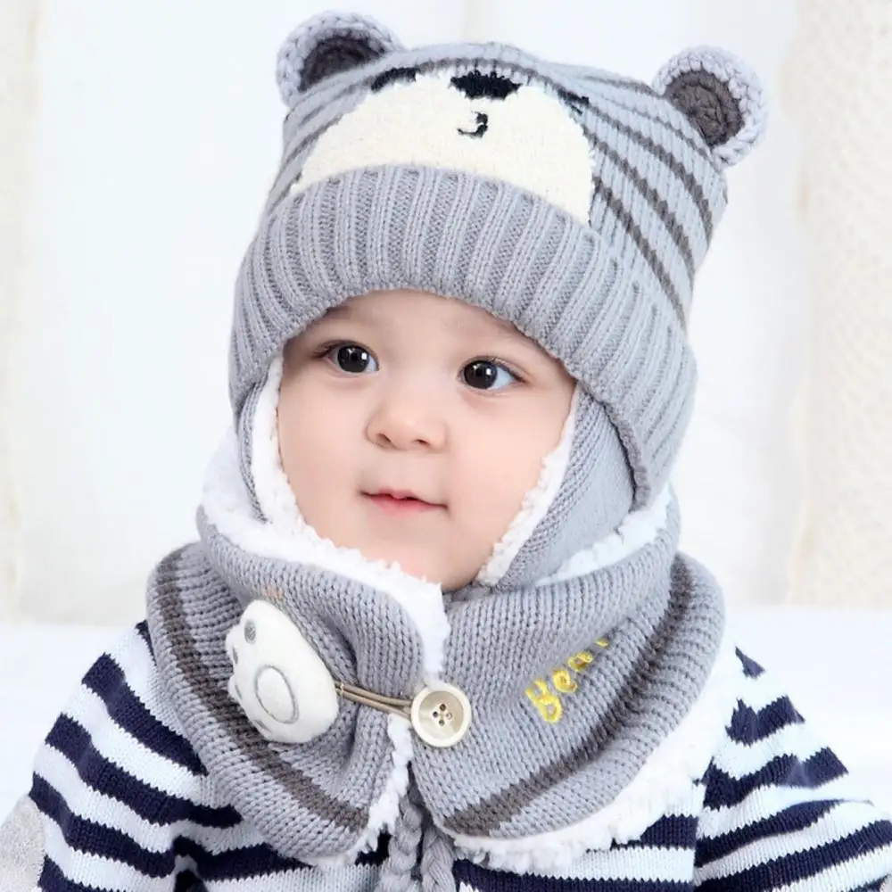 

Unisex Hat Bear Baby Warm Winter Kids Cartoon Stripe Knit Cap Scarf Earmuff Set