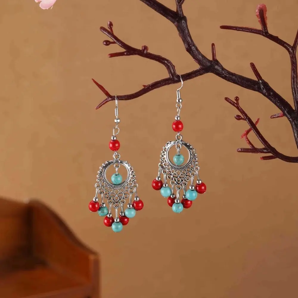 Богемные бирюзовые серьги с кисточками ушные крючки в этническом стиле висячие