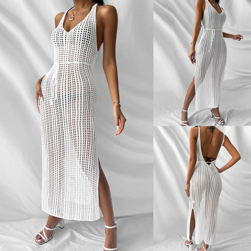 

Women Swimsuit Sunscreen Cover Ups V Neck Sleeveless Beachwear Tunic Dress Hollow Out Beachwear Shawl Cover-ups Vacation
