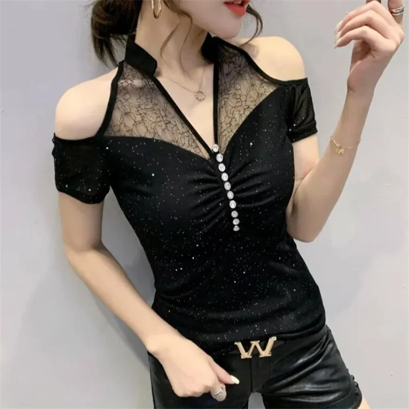 

Sexy Mesh Short Sleeve Top Ladies T-shirts Hollow Off Shoulder Summer Woman Clothes Gold Stamping Pin Bead Pleated Female Tees
