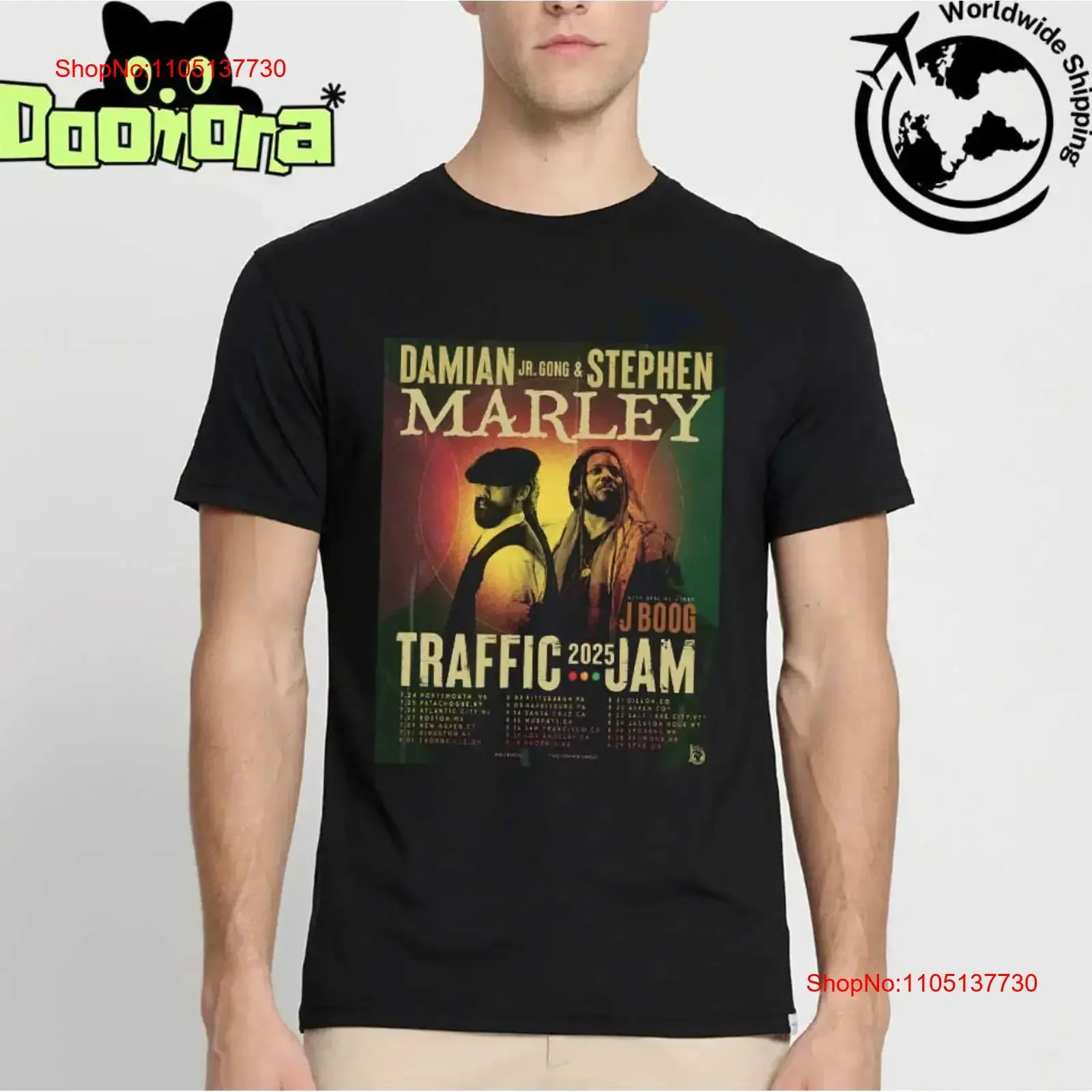 Фото Футболка Dam ian Marley And Ste phen Traffic Jam 2025 с датами тура, винтажная потертая мужская уличная одежда, повседневная дышащая футболка №1