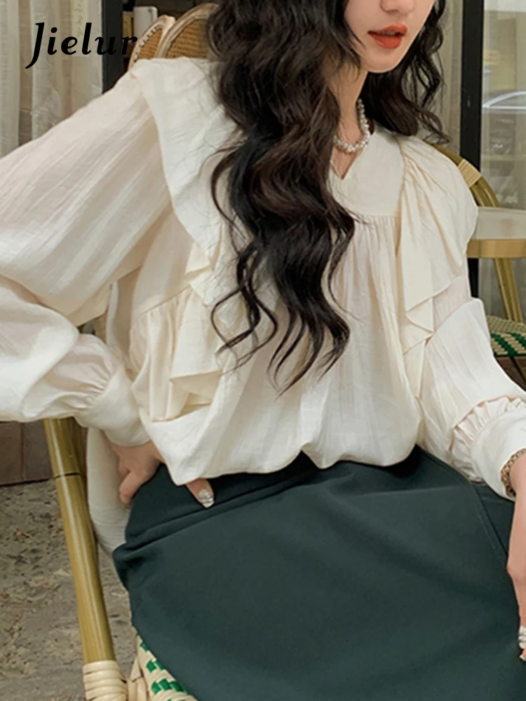 Jielur летний белый рукав фонаря женщины блузки французский стиль Ruffles Solid Color