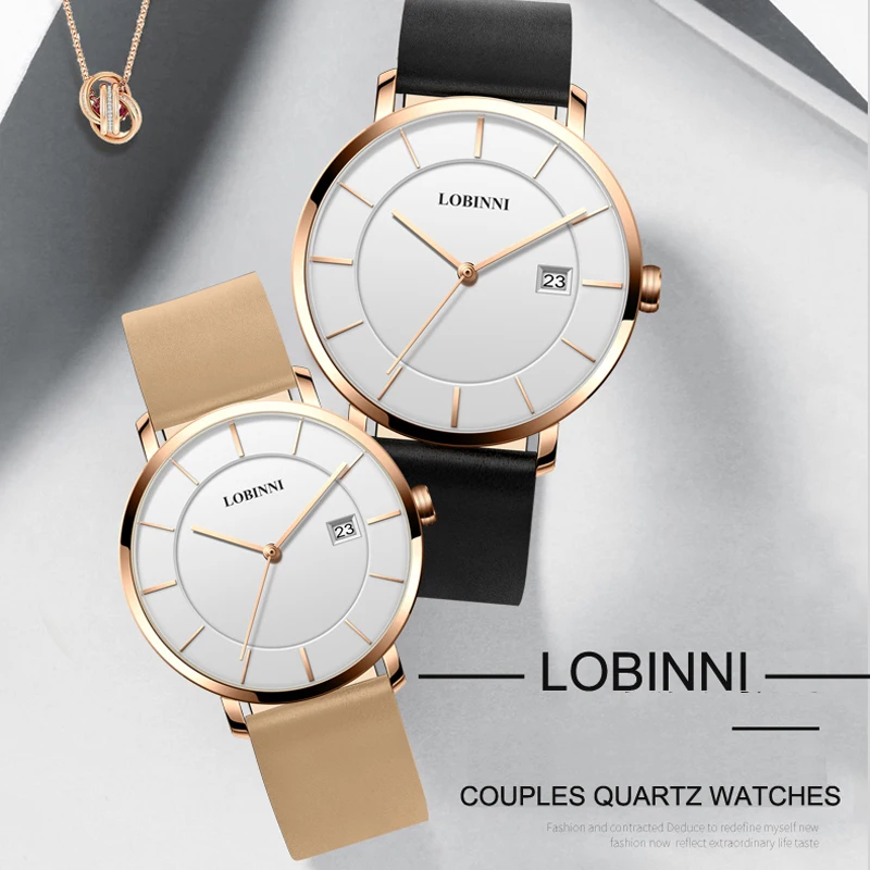 

New Switzerland Luxury Brand LOBINNI Japan MIYOTA Quartz Movement Watches Waterproof Auto Date Color Leather Couples Clock L3033
