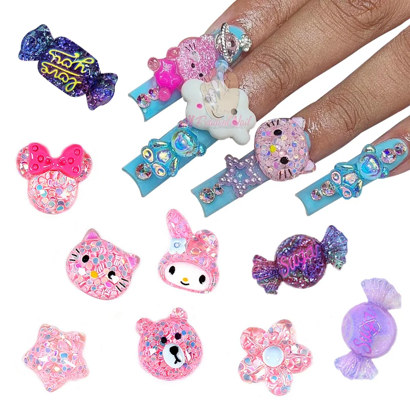 

12pc 3D Charms Glitter Cartoon Animals Nail Art Decoration Kawaii Cat Bear Rabbit Gems Nail Rhinestones DIY Japenese Accessories