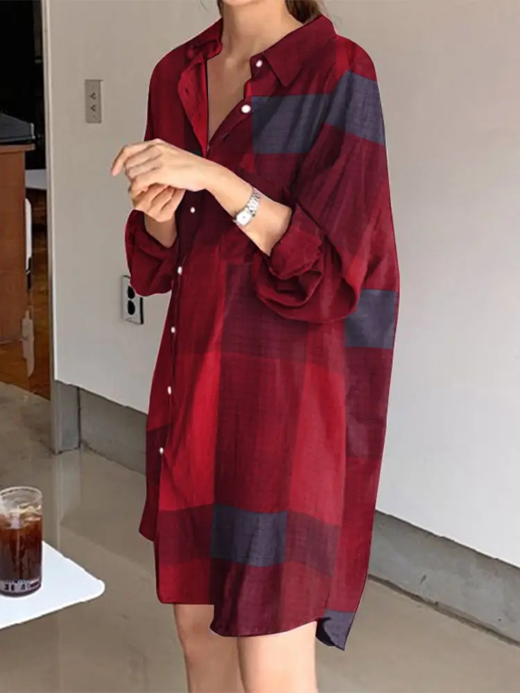

ZANZEA Vintage Check Shirt Dress Women Autumn Sundress Femme Casual Long Sleeve Short Vestidos Female Lapel Button Robe 2022