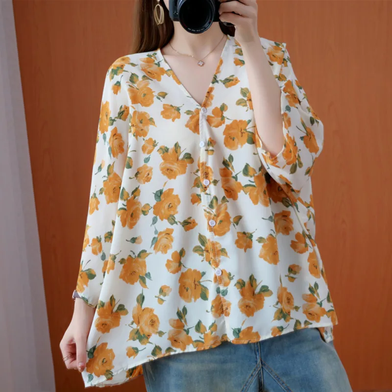 Женская винтажная рубашка из хлопка и льна с цветочным принтом |
