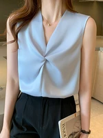 8 color chiffon shirt women hot korean fashion solid white ladies v neck out wear loose satin vest female top pleated summer