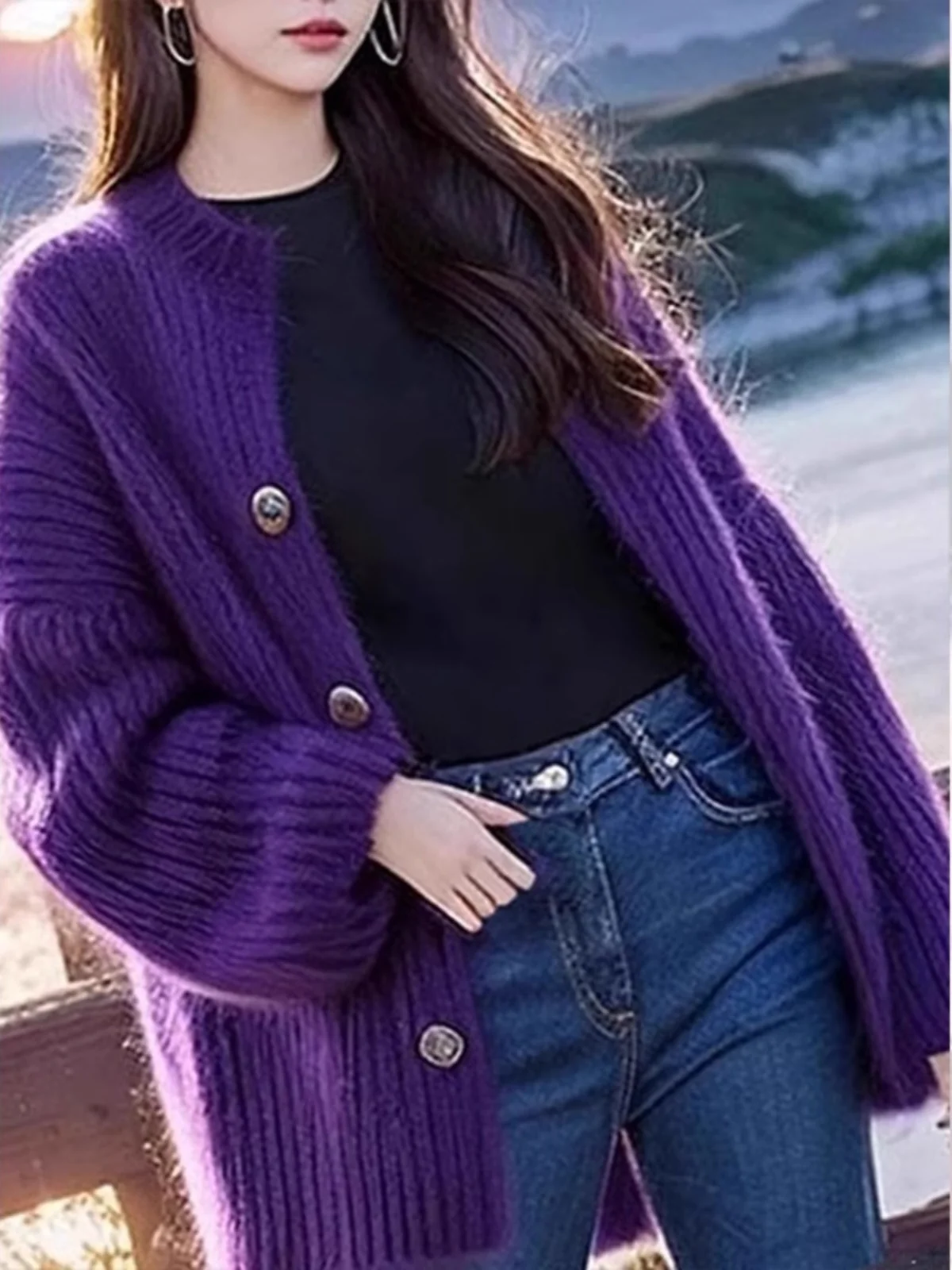Темно-фиолетовый топ вязаный кардиган осень и зима 2024 мягкий клейкий свободный