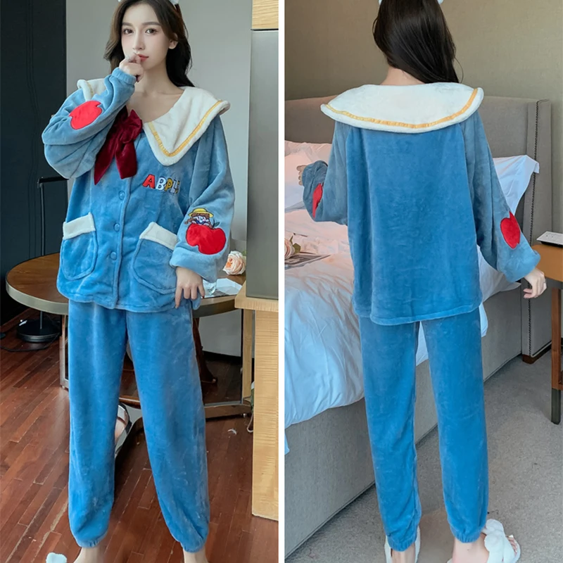 Flannel Inspissate Pajamas Loose Version Women Sleepwear Princess Style Col Claudine Cartoon Coral Fleece Winter Pajamas 4XL