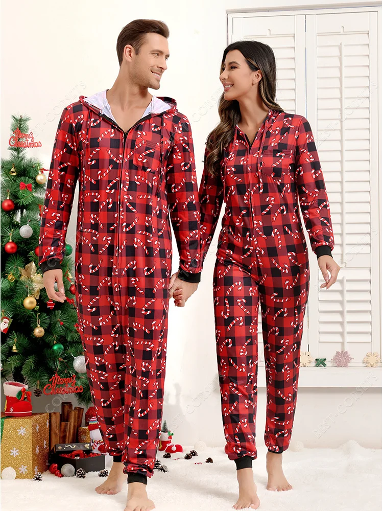 Adults Christmas Pajamas Women Men Striped Onesie Pajamas With Hoodie Zipper Santa Costume Sleepwear