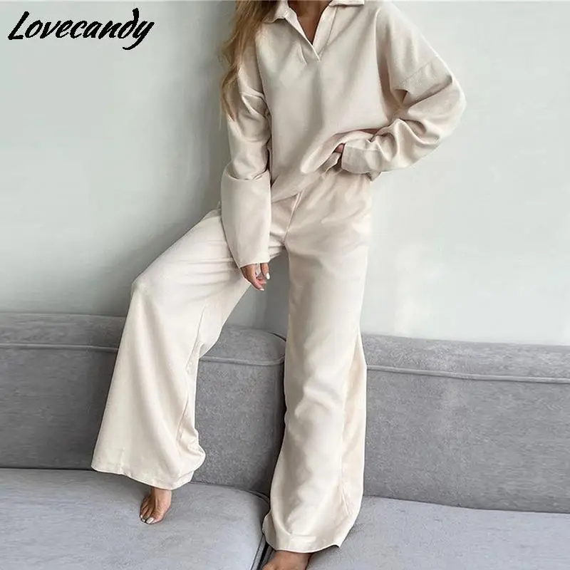 

Women Casual Solid Zipper Polo Neck T Shirt Top Tracksuit Two Pieces Set 2022 Spring Female Fashion Oversized Wide Leg Pant Suit