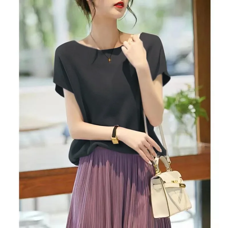 Сплошной цвет вязаный топ из ледяного шелка лето 24 простой модный свободный крой