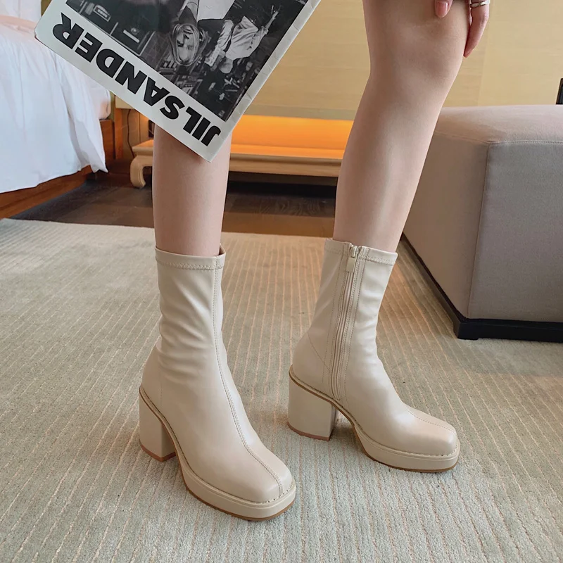 Sexy Chunky High Heels Ankle Shoes for Women Punk Style Zipper Thick Platform Elasticity Microfiber Boots Sapatos Femininos 2023