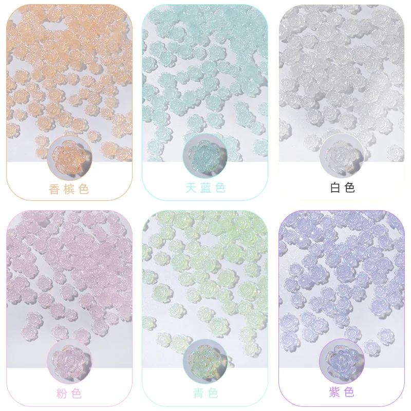 

50Pcs Aurora Camellia Nail Charms 3D Acrylic Resin Flowers Rhinestone White Purple Pink Rose Manicure Charms Nail Accessories
