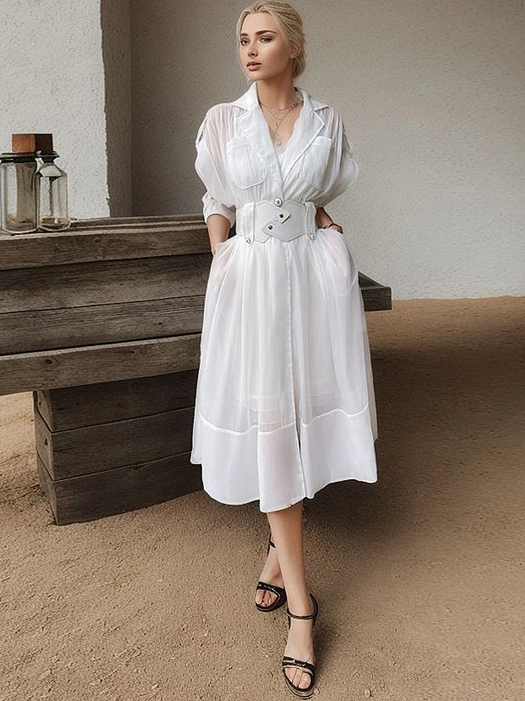 

Summer New High Quality Female Fashion White Belt Slim Unique Sweet Girls Temperament Elegant Casual Party Office Midi Dress