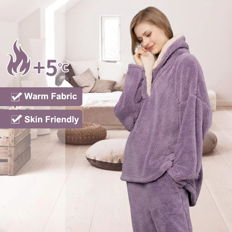 Warm Winter Flannel Pajama Set Womens Fleece 2 Pieces Sleepwear Casual Loose Homewear Outfit Thickening Hooded Nightwear Female