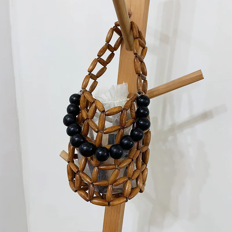 

Hollow Woven Bag 2023 Summer Wooden Hand-Woven Beach Bucket Bag Small Drawstring Wooden Bead Short Handbag Purse