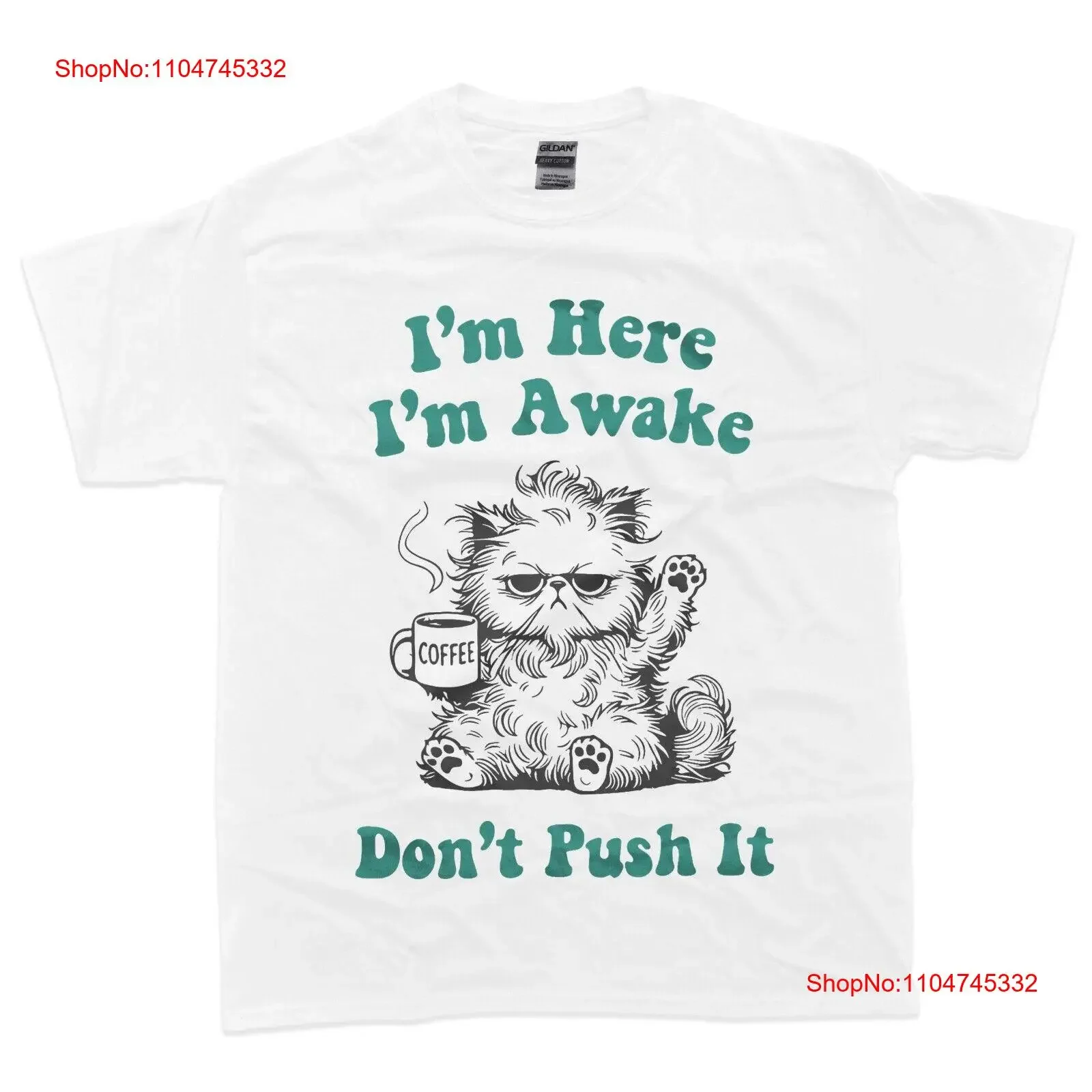 Фото Футболка Sarcastic Cat Funny I'm Here Awake Don't Push It, винтажный потертый топ для повседневной носки, универсальная мужская футболка с растянутым рисунком №1