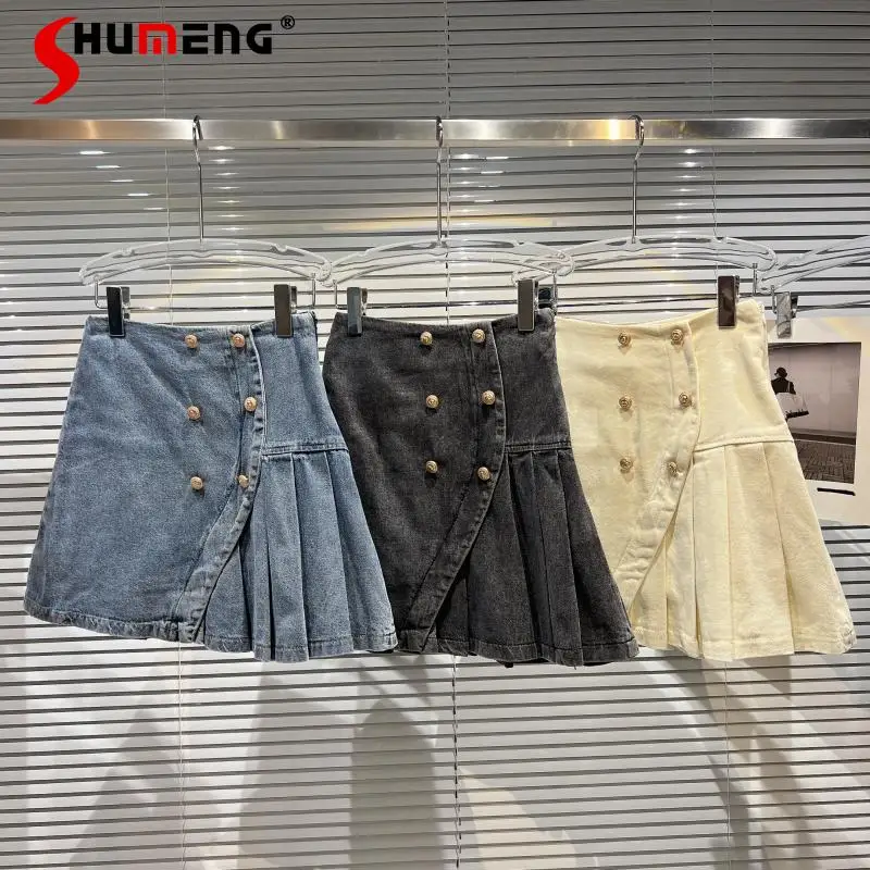 

Fashion Metal Buckle Pleated Skirt for Women 2022 Summer New Irregular Beveled Stitching Denim Skirt Female Mini Faldas Mujer