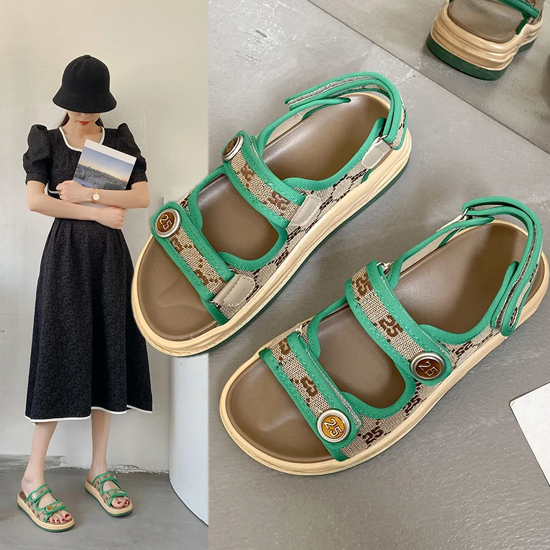 

Fashion Casual Women Summer 2022 New Net Red Super Popular Flat Luxury Design Sense Velcro Comfortable Sandals Green Slippers