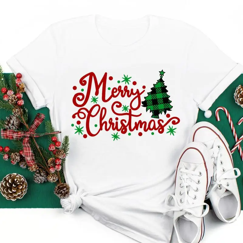 

plaid tree letter festival Merry Christmas Women New Year Vacation Holiday Graphic Tees Ladies Top Tshirt Fashion T T-shirt