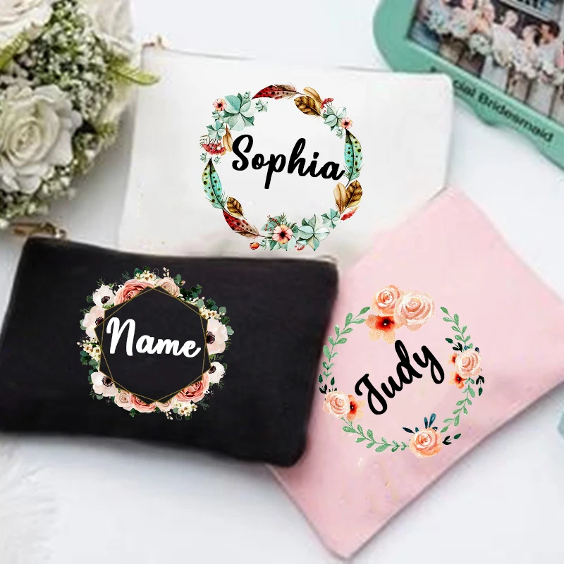 Bolsa de maquillaje de flores con nombre personalizado Personal, bolsa de viaje para niñas y mujeres, bolsas de cosméticos, organizador de artículos de tocador, estuche de almacenamiento de lavado para damas