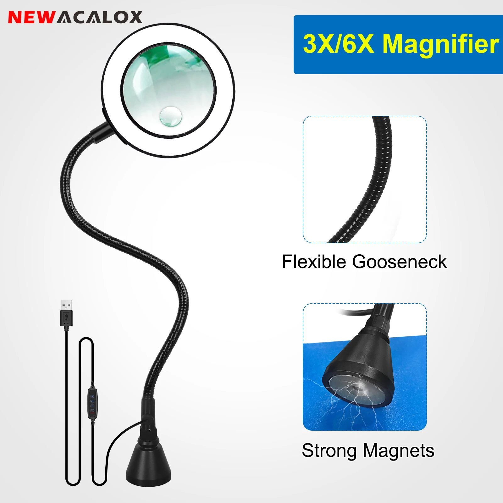 

3X/6X Illuminated Magnifier Desk LED Lamp Flexible Rotation Magnetic Base Magnifying Glass Soldering Iron Repair/Table Lamp