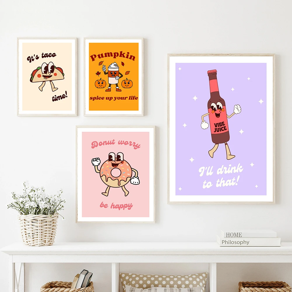 Мультяшный пивной пончик в стиле ретро тыква кофе клубный холст живопись