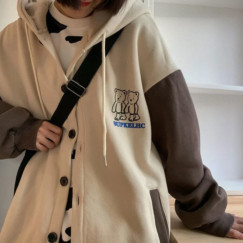 

Harajuku Loose Sweatshirt Streetwear Ladies Print Letter Zipper Hoodie Student Large Size Korean Jacket Chic Bear Loose Top