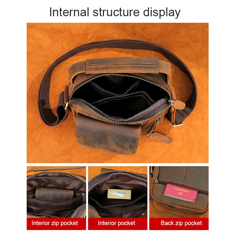 Vintage Men's Crazy Horse Leather shoulder bag phone bag handbag Crossbody Bag 6059