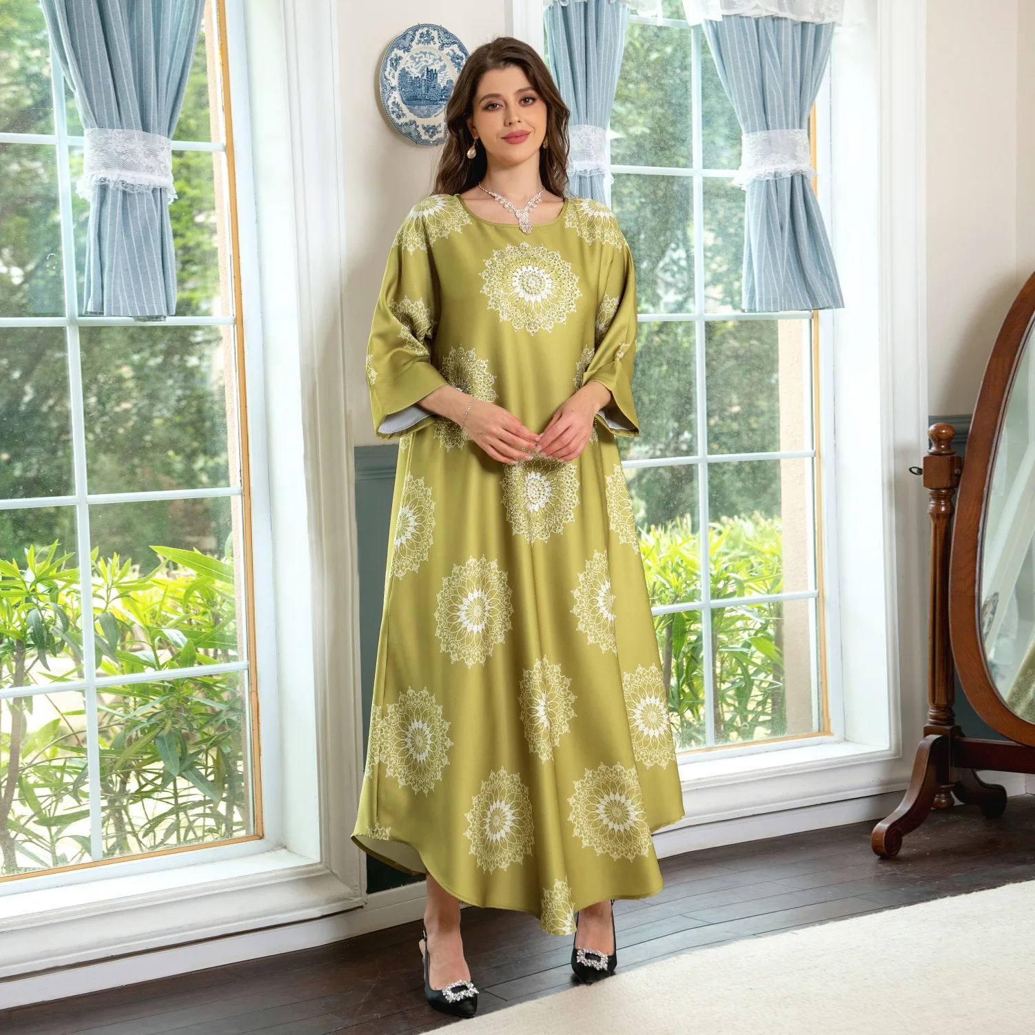 Irregular Robe 2023 Cross Border Women's Flower Hot Diamond Bubble Bead Light Luxury Craft Printed Dress Muslim Dress Women