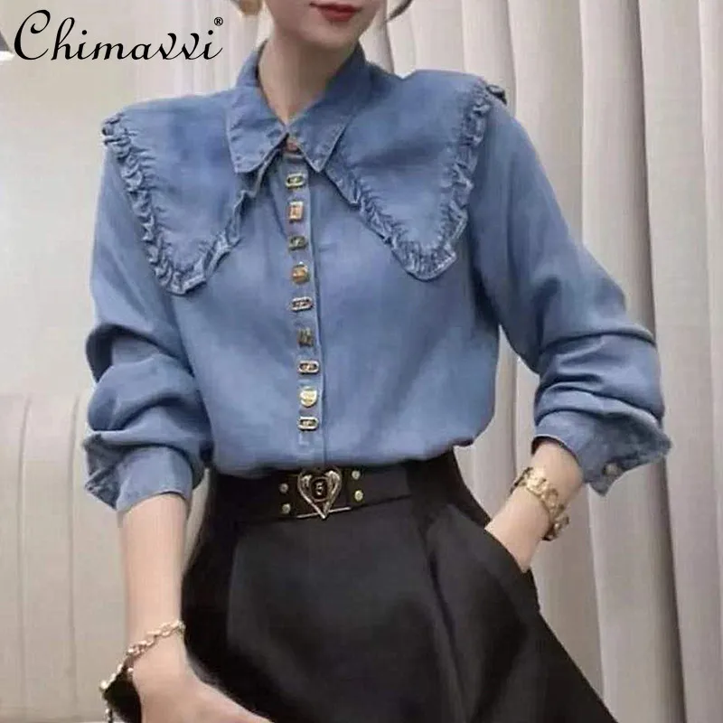

2022 Spring New Female Doll Collar Denim Long-Sleeved Shirt Women's Fashion Loose Retro Jeans Blouses Simple Casual Solid Top