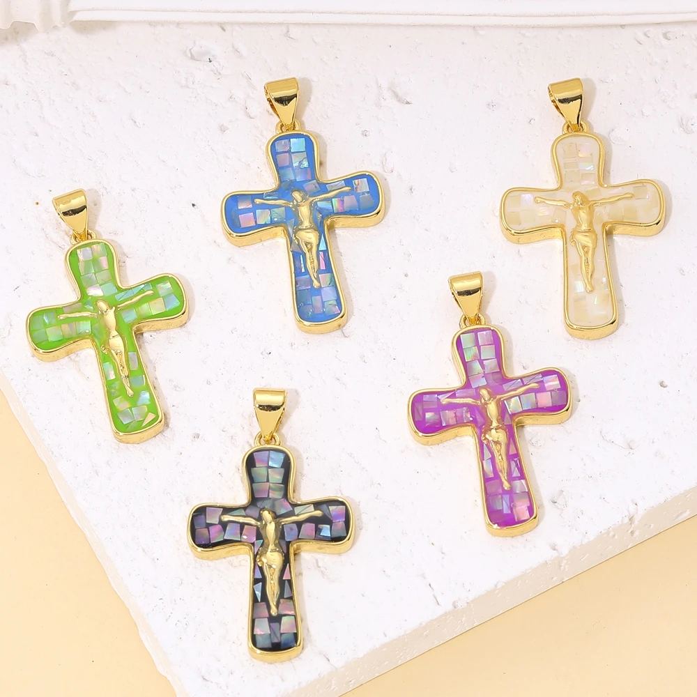 

Juya DIY 18K Real Gold Plated Opal Shell Christian Cross Charms For Handmade Religious Catholic Rosary Jewelry Making Material